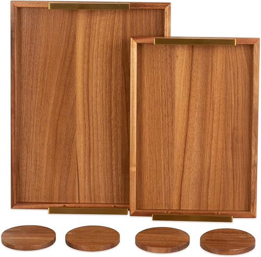 Decorative Ottoman Serving Tray Wooden Rustic (Set of 2), Acacia Brown | Black Sleek Metal Handles | 4 Matching Coasters | Coffee Table Decor | Serving Kitchen Platter (Acacia Brown)
