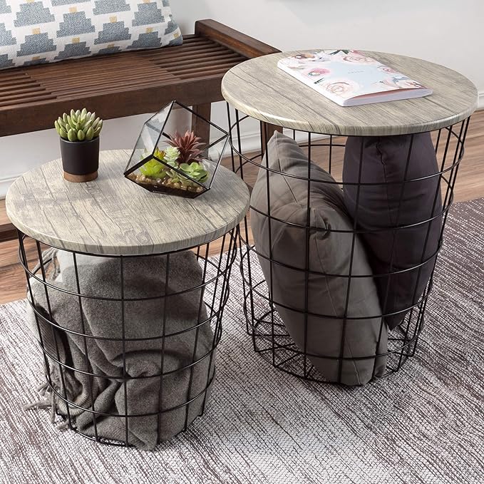 End Tables Set of 2 - Nesting Tables with Removable Wood Tops and Metal Basket Bases for Blanket Storage - Round Side Furniture for Living Room, Bedroom, or Home Office by Lavish Home (Gray/Black)