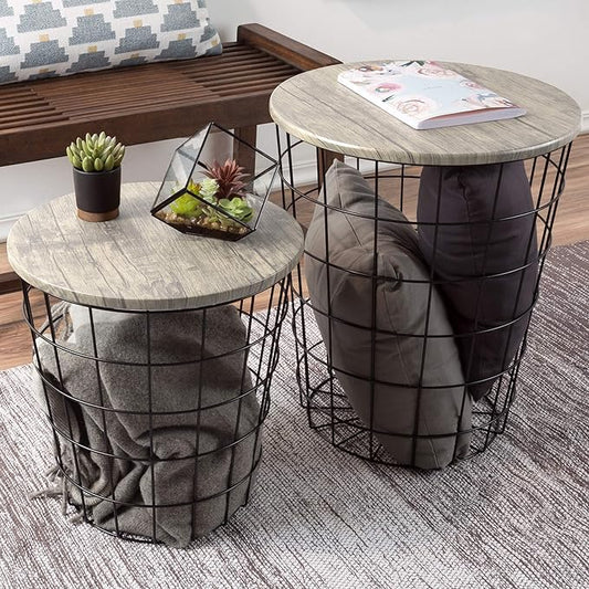 End Tables Set of 2 - Nesting Tables with Removable Wood Tops and Metal Basket Bases for Blanket Storage - Round Side Furniture for Living Room, Bedroom, or Home Office by Lavish Home (Gray/Black)