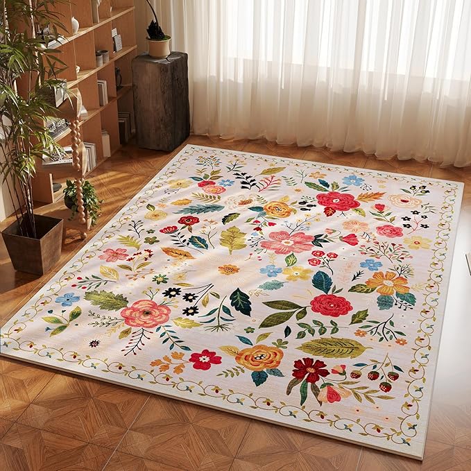 Rugcomf Bedroom Rug 3x5 Rug Washable Area Rug Non Slip Low Pile Boho Floral Small Carpet for Bedroom, Bedside, Kitchen, Entryway, Kids Room, Office, College Dorm Essentials for Girls(Beige)
