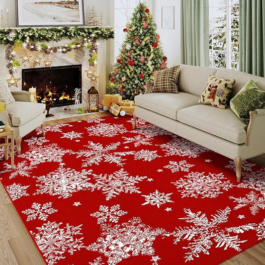 Red Area Rug 5x7 Christmas Living Room Carpet Snowflake Washable Kitchen Mat Xmas Holiday Decor Non Slip Entryway Carpet Indoor Accent Rug Decorative for Dining Room Bathroom
