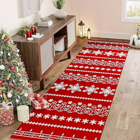 Christmas Runner Rug 2x8 Red Washable Carpet Xmas Snowflake Holiday Decor Kitchen Non Slip Soft Low Pile Long Carpet Indoor Throw Rug Laundry Room Living Room Bedroom Dining Room