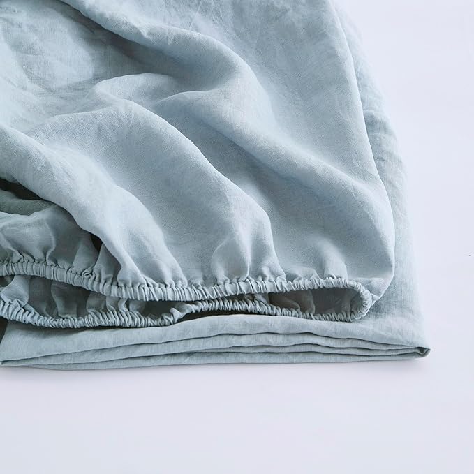 100% Linen Fitted Sheet Queen(1 Piece), 15 Inch Deep Pocket Mattress Cover French Flax Stone Washed Farmhouse Soft Breathable Bottom Sheets(Blue, Queen)