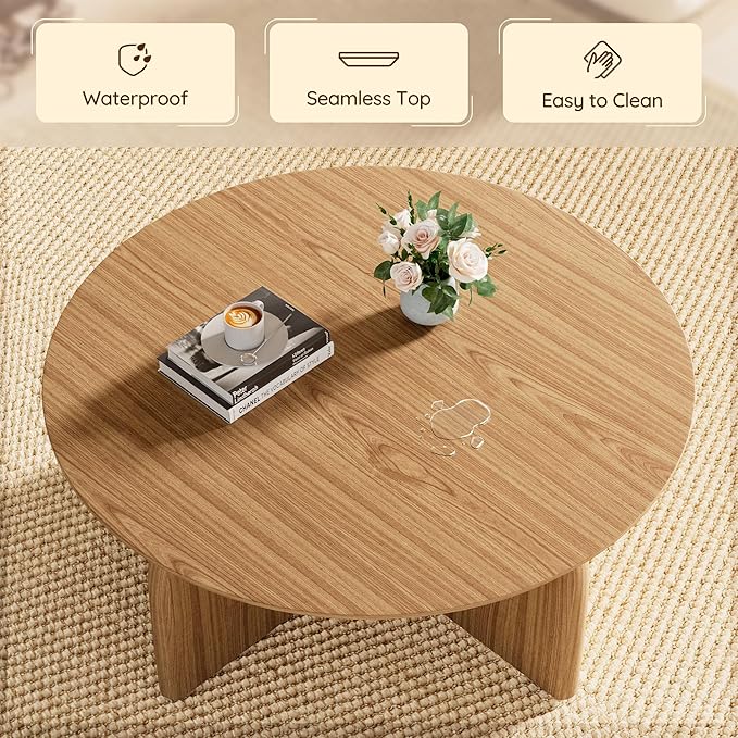 Round Coffee Table with Stylish Curve, 31.5" Circle Wooden Living Room Coffee Table, Modern Farmhouse Center Accent Furniture, Child-Friendly, Easy to Assembly, Brown