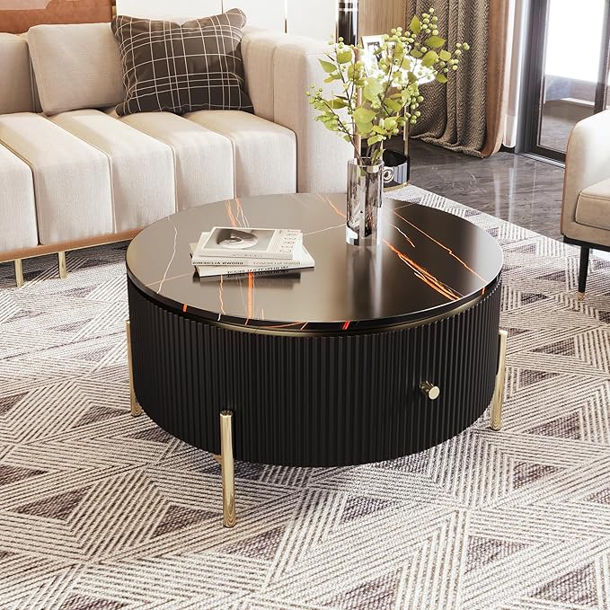 Modern Round Coffee Table with 2 Large Drawers Storage Accent Table(31.5'')