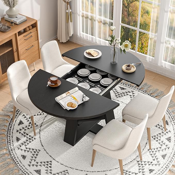 43.3in-59in Extendable Round Dining Table for 4-8,Modern Kitchen Oval Dining Table with Removable Leaves Space Saving,Wood Base with Storage Shelf for Kitchen Living Room (Black)