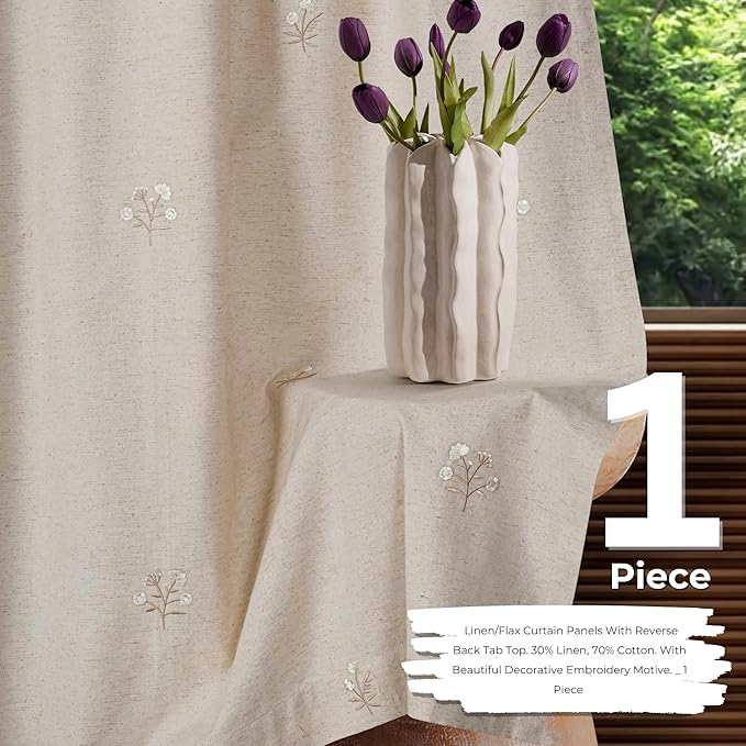 Bedding Craft Linen Drapes, Linen Room Darkening Curtain, Flax & Drapes, Natural Taupe 108 inch_Embroidered