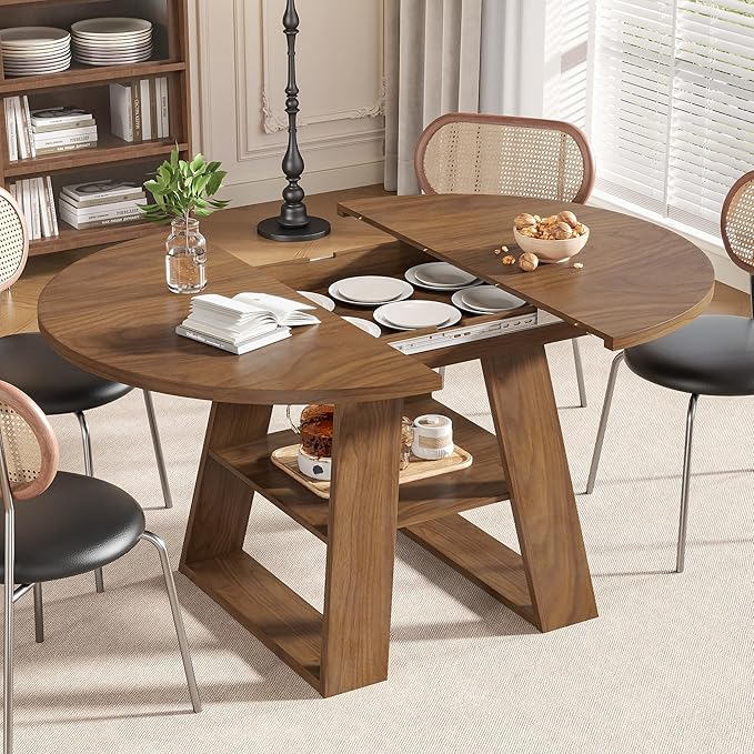 43.3in-59in Extendable Round Dining Table for 4-8,Modern Kitchen Oval Dining Table with Removable Leaves Space Saving,Wood Base with Storage Shelf for Kitchen Living Room