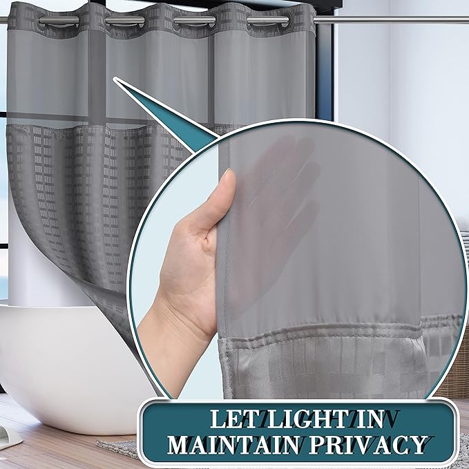 Conbo Mio No Hook Shower Curtain with Snap in Liner Set, Hotel Luxury Grey Shower Curtains for Bathroom with See Through Top Window, Waterproof, Washable 71W x 74H
