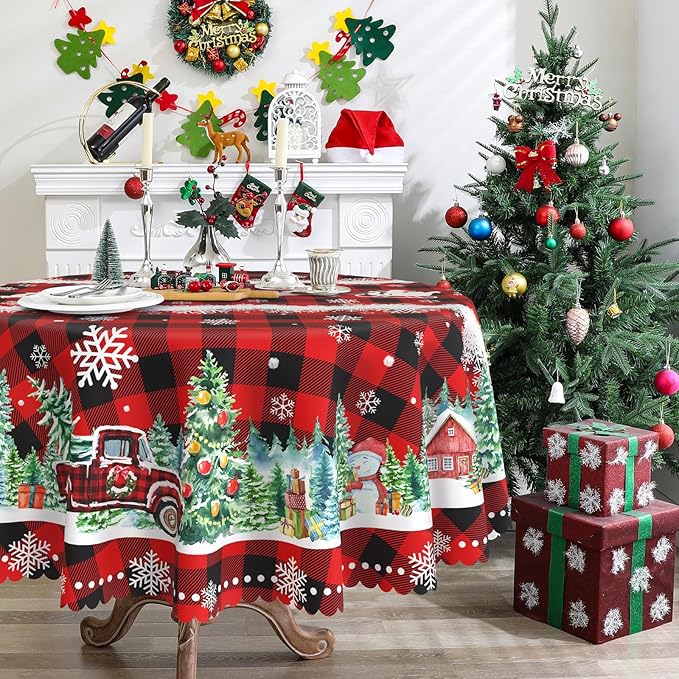 Round Christmas Tablecloth 60 inches - Christmas Decorations for Home - Water Resistant Red Plaid Table Cloth - Red Truck Xmas Holiday Buffalo Plaid Decor for Table, Party,Kitchen