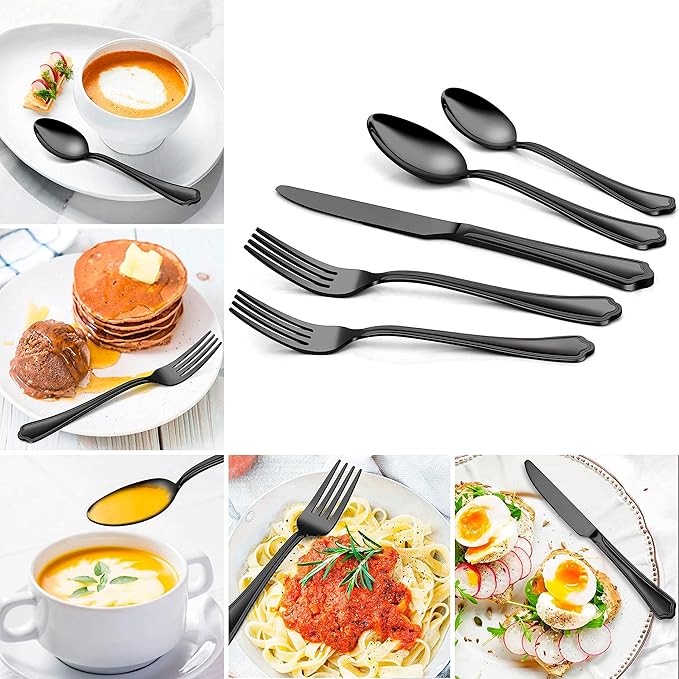Herogo 20-Piece Black Silverware Set with Scalloped Edge, Stainless Steel Flatware Cutlery Set for 4, Modern Tableware Eating Utensils, Dishwasher Safe, Mirror Polished