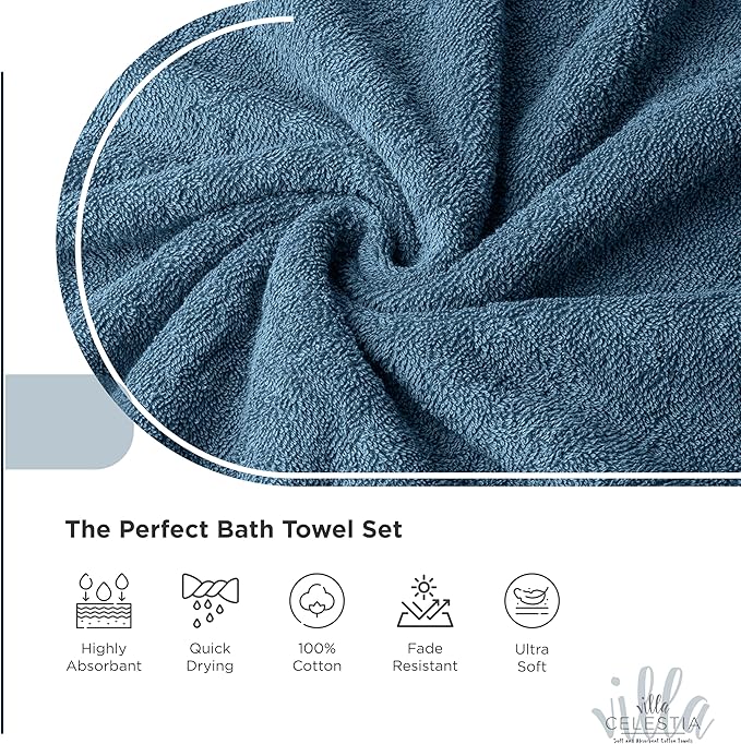 100% Cotton Bath Towel Set of 12-4 Bath Towels, 4 Hand Towels, 4 Wash Cloths, Sustainable, Soft, Highly Absorbent, Combed Cotton 12 Piece Set for Hotels, Spa, Bathroom, Dorm, Blue