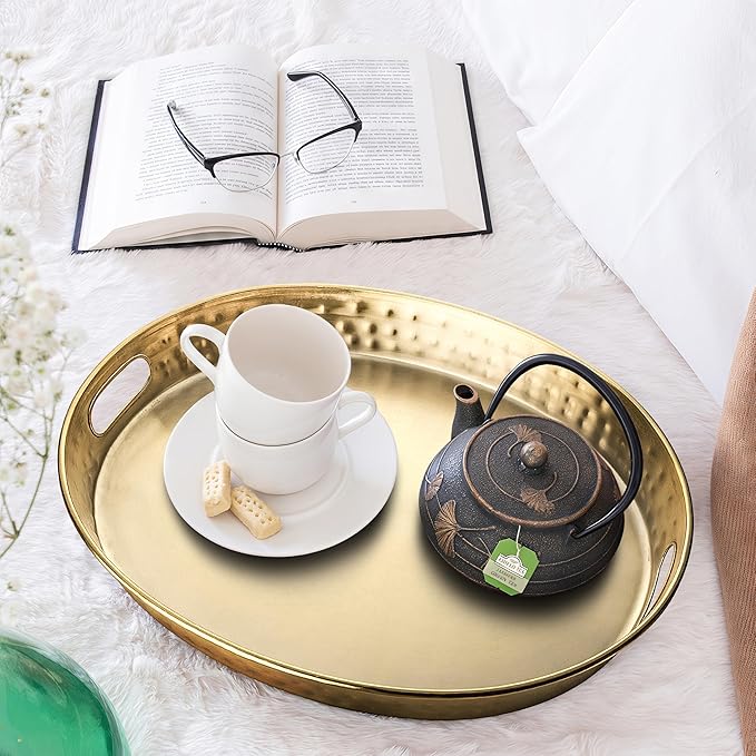 Monarch Abode Hand Hammered Metal Serving Tray with Handles, 17-Inch Brushed Gold Finish– Oval Serving Platter, Large Serving Tray for Party, Fruit Platter, Dessert Trays, Serving Dishes