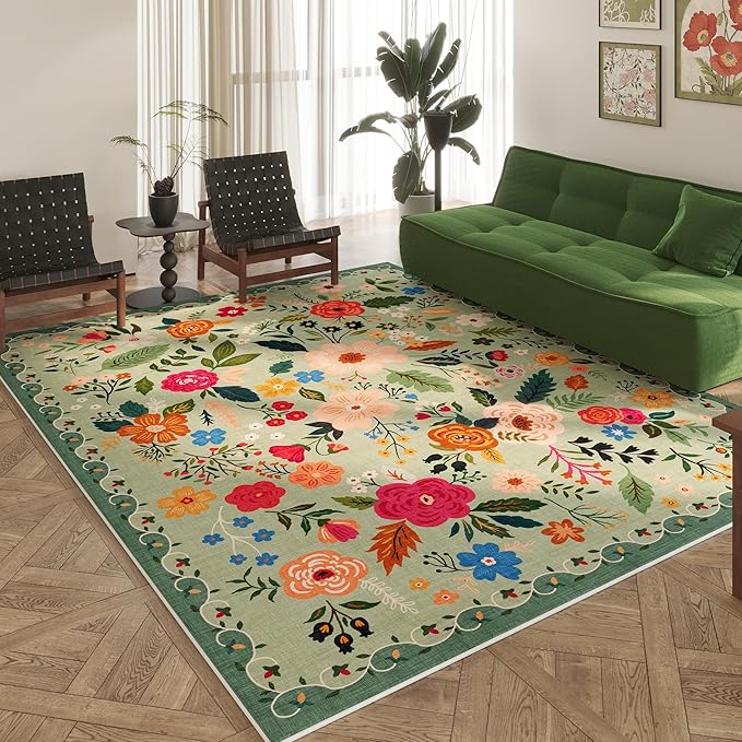 Rugcomf Living Room Rug 6x9 Rug Machine Washable Boho Area Rug Non Slip Floral Vintage Low Pile Large Rug for Living Room, Bedroom, Farmhouse, Dining Room, Kids Playroom(Green)