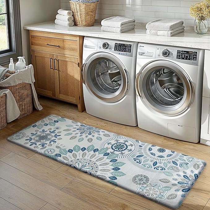 GENIMO Kitchen Mats for Floor 2PCS, Cushioned Kitchen Rugs Non Slip Washable, Farmhouse Anti Fatigue Mat Waterproof, Comfort Standing Mat for Office, Laundry, 17.3"x47"+17.3"x30", AzureBlue&White