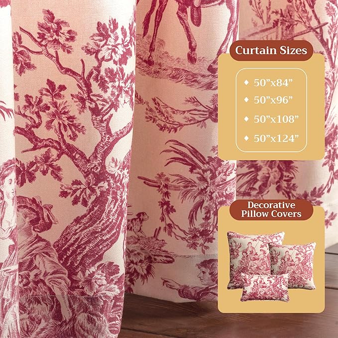 Maison d' Hermine Curtains for Living Room 100% Cotton 108 inch Length Two Panels Light Filtering Toile Curtains for Bedroom Windows with Rod and Loop Pockets Drapes (The Miller Red, 50" W x 108" L)