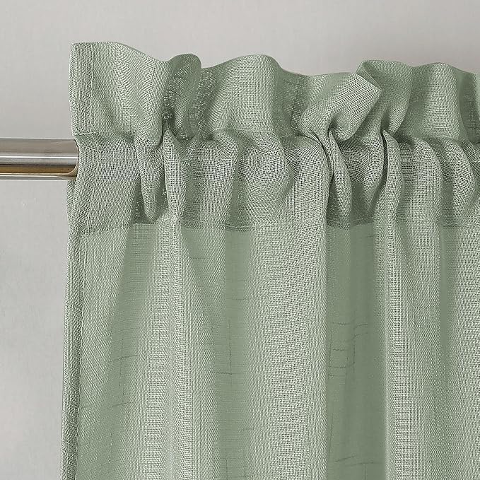 Aiyufeng Kirei Sage Green Kitchen Sheer Valance Curtains 14 Inch Length, Voile Linen Sheer Cafe Curtains for Bathroom Farmhouse Country Light Filtering Short Window Curtain 1 Panel(Green, 60 W x 14 L)