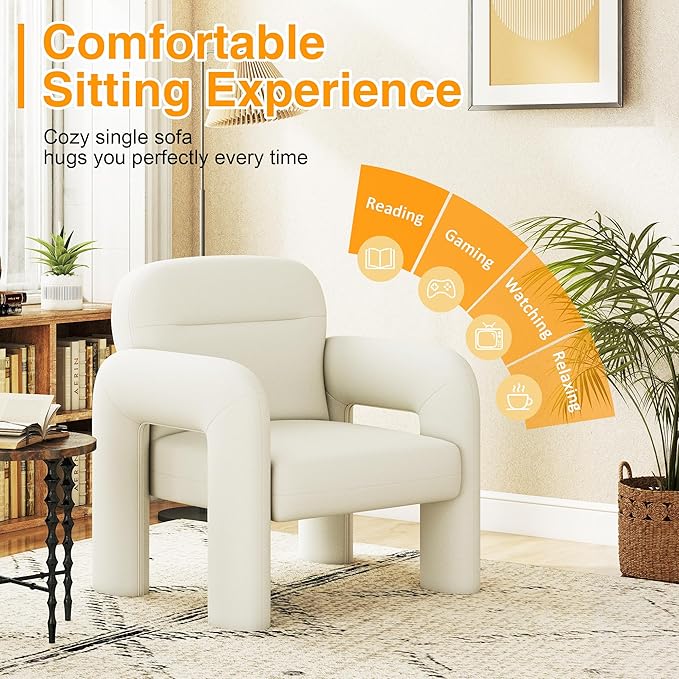 LSSPAID Accent Chairs, Modern Line Fabric Upholstered Armchairs, Comfy Leisure Reading Chair Fluffy Single Sofa Chair for Living Room, Bedrooms, Office (White, 2PCS)