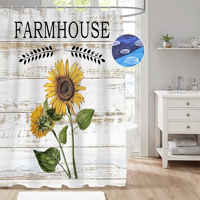 Domoku Sunflower Shower Curtain Farmhouse Rustic Shower Curtain Floral Spring Country Bathroom Curtains Set Waterproof Fabric with 12 Hooks (72 * 72inch/180cm*180cm)