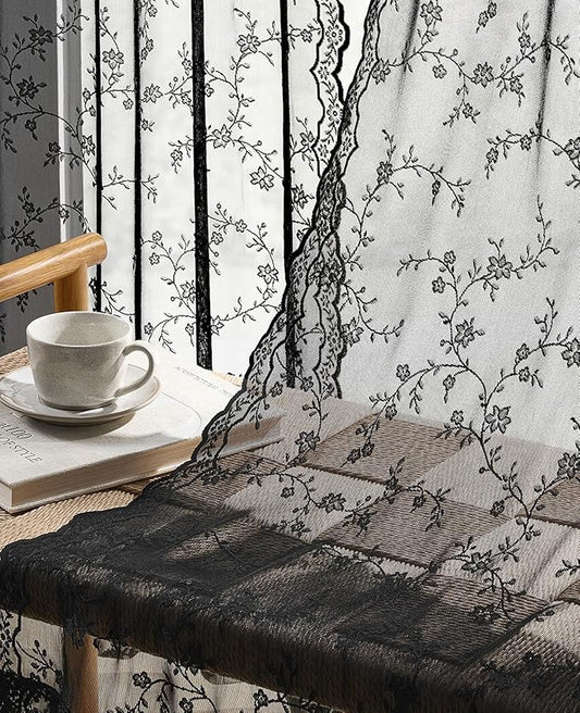 Black Lace Curtains 84 Inches Long, Vintage Floral Light Filtering Sheer Halloween Curtains for Living Room & Bedroom, Rod Pocket, 2 Panels Set, Branch Pattern (Black, 52" W x 84" L)
