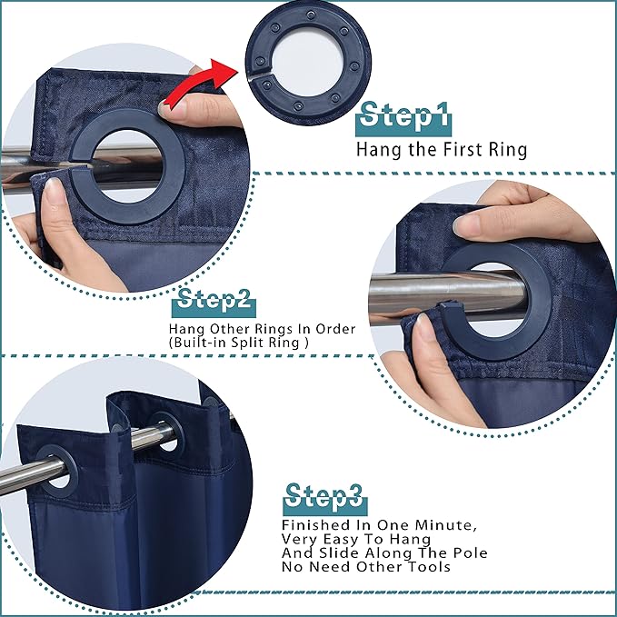 Extra Long No Hook Shower Curtain with Snap in Liner Set, Hotel Luxury Navy Blue Shower Curtains for Bathroom with See Through Top Window, Waterproof, Washable 71W x 84H