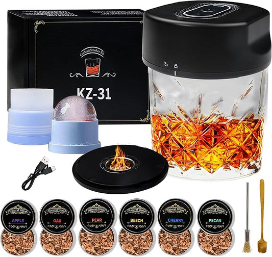 Rechargeable Cocktail Smoker Kit with Wood Chips, Electric Whiskey Smoker with Built-in Lighter, Old Fashioned Drink Smoker (Electric without Lighting)