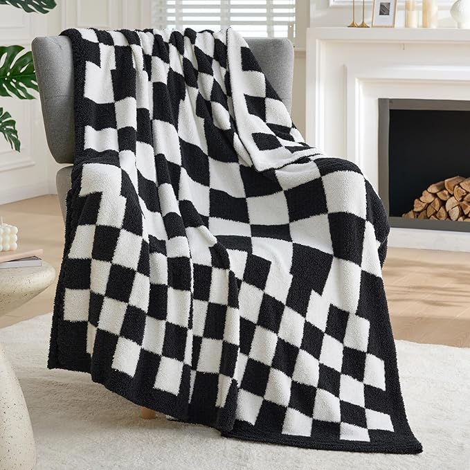 Joiedomi Throw Blanket for Couch, Black White Checkered Knitted Blankets Gifts for Women Mom Girls, Cozy Cute Soft Throw Home Room Decor Aesthetic Women Mothers Birthday Gifts 50x60 Inches