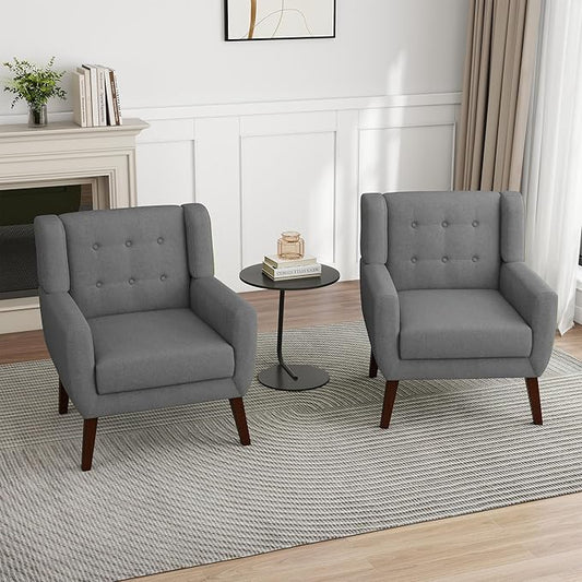 UIXE Accent Chair, Modern Upholstered Armchair in Fabric for Living Room, Comfy Club Arm Chairs Single Sofa Button Tufted Bedroom Reading Seat - Gray, Set of 2