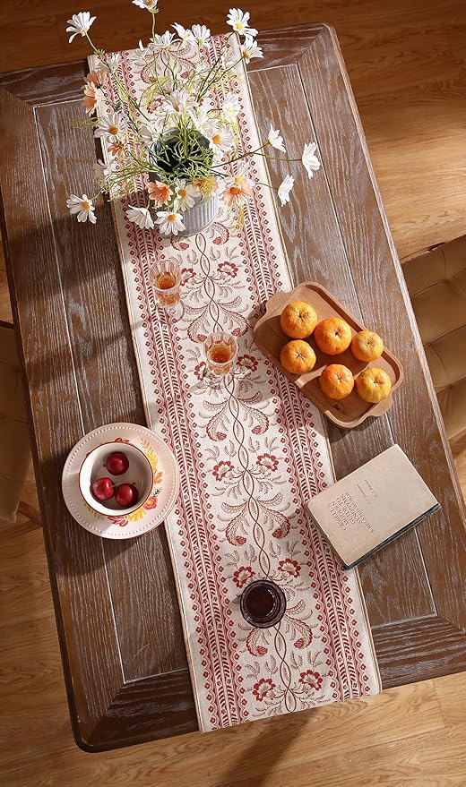 ISAENNE Designer Vintage Linen Table Runner 71 Inches Long,Red Floral Pattern Modern Decor Table Runners for Dining Tables,Thanksgiving,Kitchen Tables,Christmas,Banquet,12"*71"-Chamonix A