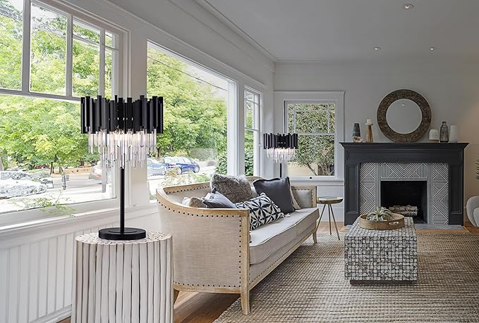 Wellmet Black Crystal Table Lamp,3 Lights Table Lamps for Bedroom,Black Bedside Nightstand Lamps for Living Room,Small Decorative Desk Lamp for Reading Room,Metal Base