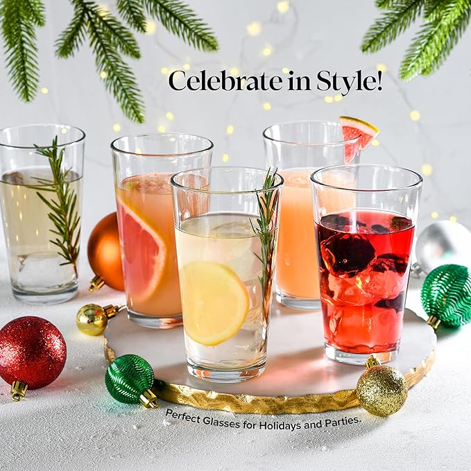 Drinking Glasses Set. Highball Glass Cups 17 oz by Home Essentials Water Colins Cooler Beverage Glassware. For the Bar, Beer, Juice, Iced Tea, and Cocktails. Dishwasher Safe. (Set of 4)