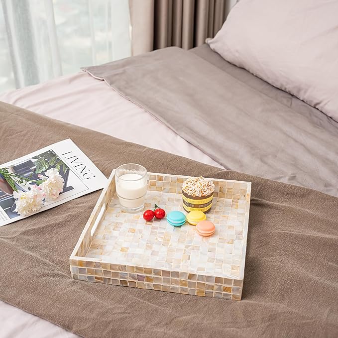 PEMAR 12.2" Square Serving Tray Mother of Pearl Nacre Wood Lap Ottoman Tray for Coffee Table, Luxury Decorative Handmade Eating Platters w Insert Handles (White Cream Squares Pattern)