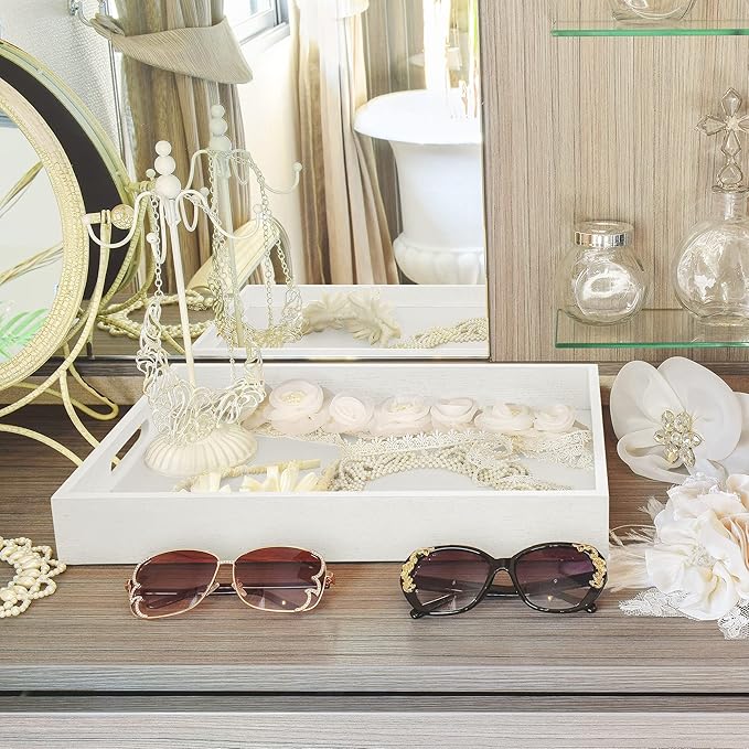 Wood Serving Tray with Handles, Home Decorative Wooden Rectangle Ottoman Decor Platter Vanity Tray for Breakfast Dinner Drinks Kitchen Dining Living Bathroom Restaurants White