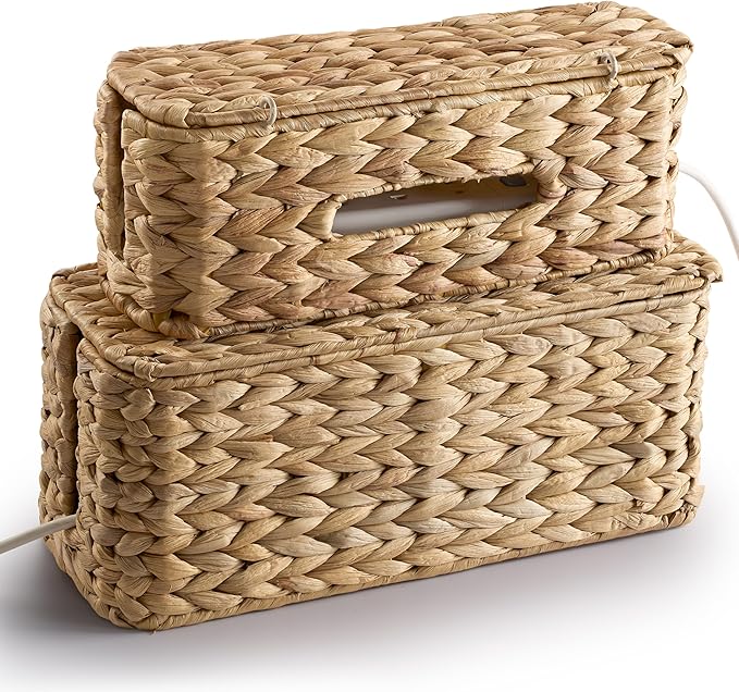Set of 2 Wicker Large Cable Management Box - Cord Box Hider for Home, Office - Water Hyacinth Cable Hider Box, Surge Protector Box for TV Wires, Computer - Power Strip Box - 3 Slots, Secure Lid