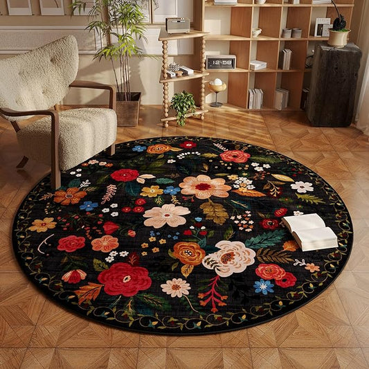 Rugcomf Round Rug 6ft Washable Circle Rug Non Slip Low Pile Boho Floral Small Circular Rug for Bedroom, Bathroom, Entryway, Kids Room, Office, College Dorm(Black)