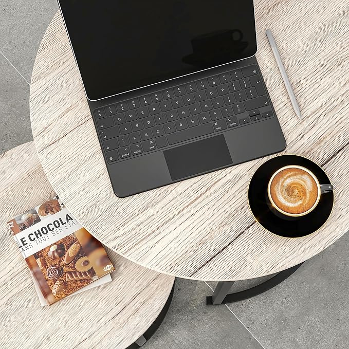 HOJINLINERO Round Coffee Table Set of 2 for Living Room,Black Small Coffee Table Living Room Table,Nesting Tables Metal Frame/Wood,Sturdy and Easy Assembly,Stacking Side Tables Bedroom,White Oak