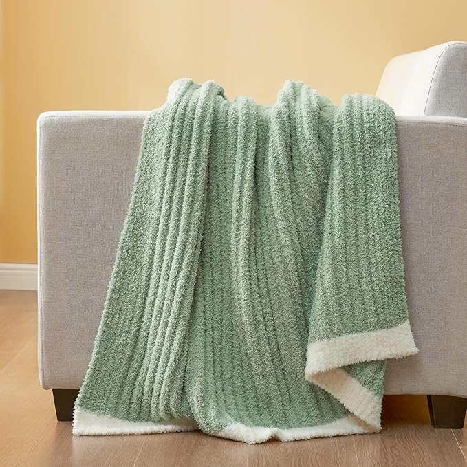 Snuggle Sac Fluffy Ribbed Throw Blanket for Couch, Sage Green, Microfiber Knit Throws for Sofa, Soft Luxurious Fuzzy Warm Blankets for Sofa, Bed, Travel, Sage Green, 50x60 inches