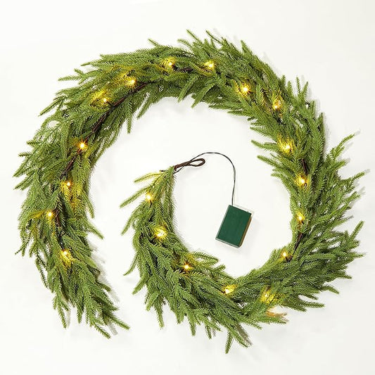 Brightown Pre-lit Christmas Garland with Lights, 6 Feet 20 LED Lighted Green Pine Leaves Garland Decorated, Battery Operated, Indoor & Outdoor Christmas Lights for Mantle Fireplace Stairs Wall Door