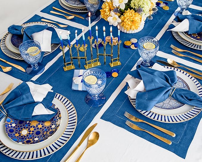 Solino Home Linen Hemstitch Table Runner 120 Inches Long - 100% Pure Linen Indigo Blue Table Runner 14 x 120 Inch for Fall, Autumn, Christmas - Classic Hemstitch