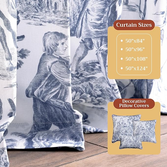 Maison d' Hermine Curtains for living room 100% Cotton 124 inch length One Panel Light Filtering Toile Curtains for Bedroom with rod and loop Pockets (The Miller Blue (White Background), 50"W x 124"L)