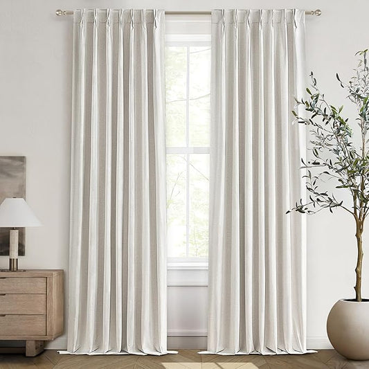 94 Inch Pinch Pleat Living Room Thermal Curtains for Winter, Blackout Thick Linen Boho Curtain for Sliding Glass Doors 2 Panels Set with Hooks Rings Ceiling Track Window Drapes W40"xL94"x2,Birch