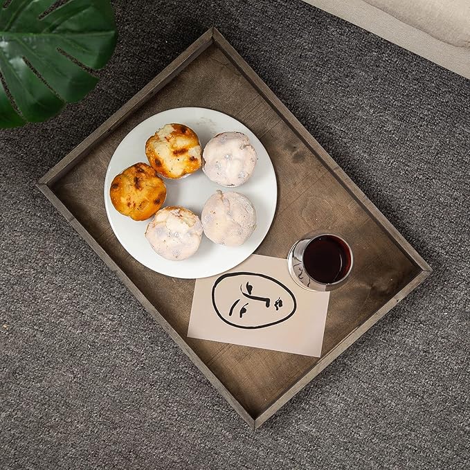 Rustic Distressed Wood Food Breakfast Serving Tray Octagon Serving Tray in Bed with Cutout Carrying Handles Coffee Office Desktop Document Holder Home Kitchen (Rock Grey)