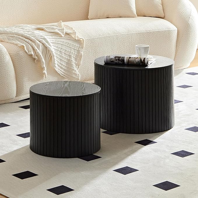Round Storage Side Table Set of 2, Nesting Coffee Tables with Hidden Storage, Modern Wood Accent End Table for Living Room, Bedroom, Small Space, Minimalist Bedside Table, No Assembly(Black)