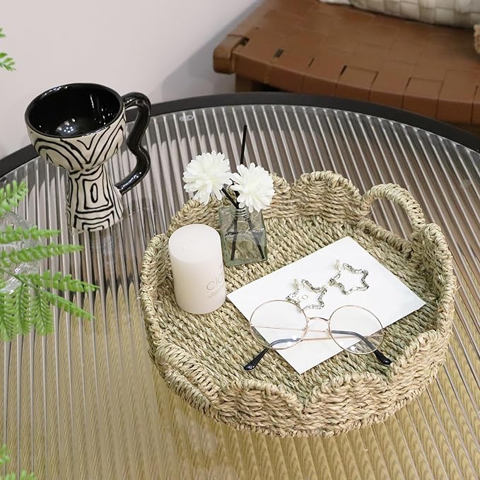 GYASVWU Seagrass Scalloped Tray with Handles,Round Rattan Serving Trays for Coffee Table,Woven Tray for Ottoman Decorative and Organizer Trays (Seagrass)