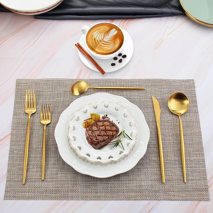 Matte Gold Silverware Set, IBIILII JEFF 40 Pieces Stainless Steel Flatware Set，Kitchen Utensil Set, Tableware Cutlery Set, Knife Spoons And Forks Set, Satin Finished Polished & Dishwasher Safe