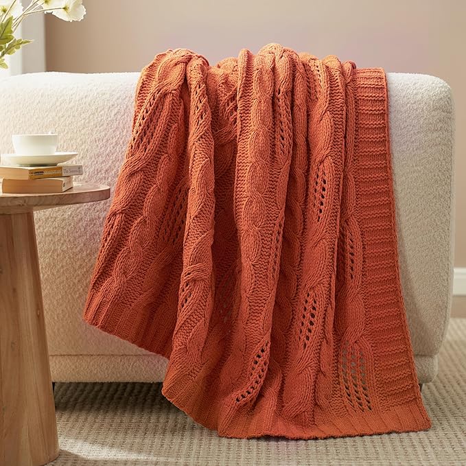 Amélie Home Chunky Knit Throw Blanket, Dual-Sided Soft Chenille Breathable Cable Knitted Blanket for Couch, Farmhouse Decorative Throw for Sofa & Chair, 60"x80", Burnt Orange