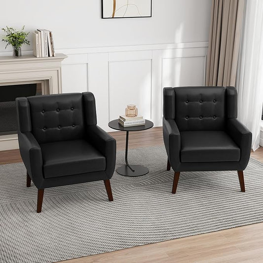 UIXE PU Leather Accent Chairs Set of 2, Modern Arm Club Chair Upholstered Armchair for Living Room, Comfy Single Sofa Seats Button Tufted Reading Seating, Black