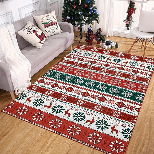Christmas Living Room Area Rug 8x10 Large Washable Rug Indoor Non-Slip Low Pile Throw Floor Covers Xmas Decorative Boho Accent Rug Farmhouse Rug Rustic Festival Carpet for Bedroom Dining Room