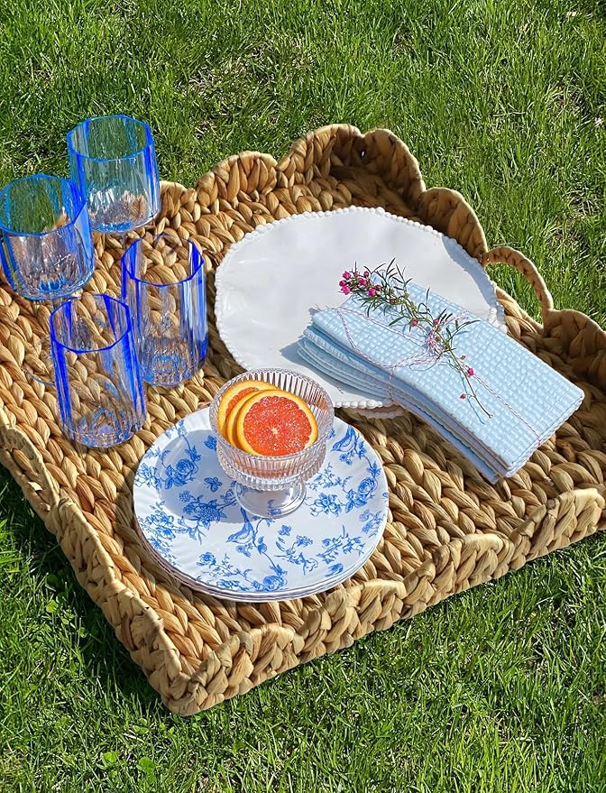 Extra Large Square Ottoman Table Tray 19.7" with Handles - Water Hyacinth Wicker Serving Wicker Tray for Farmhouse Decorative Oversized Coffee Table Living Room Kitchen Counter Breakfast Scalloped