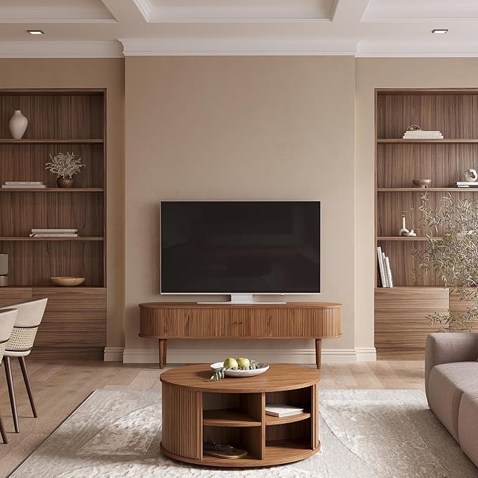 WERMO 35'' Round Coffee Table with Storage and Shelves - Round Center Table for Living Room and Office. Wood Mid Century Modern Coffee Tables for Living Room (Walnut)